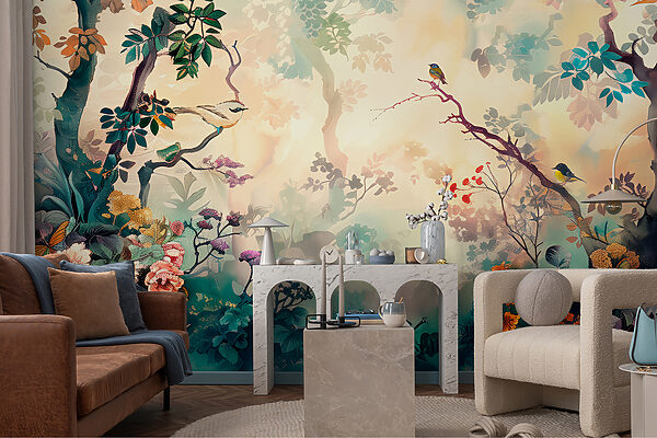 Whimsical nature scene with birds Wall murals Whimsical nature scene with birds