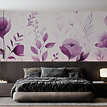 Wall mural Purple flowers and leaves on a white background
