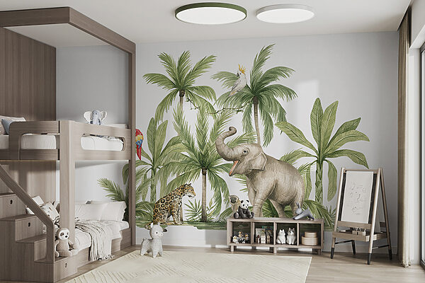 Jungle animals among palm trees Wall murals Jungle animals among palm trees