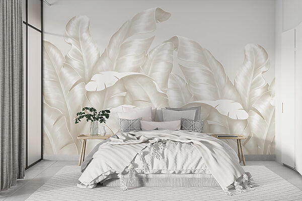 Elegant leaves in soft white hues Wall murals Elegant leaves in soft white hues