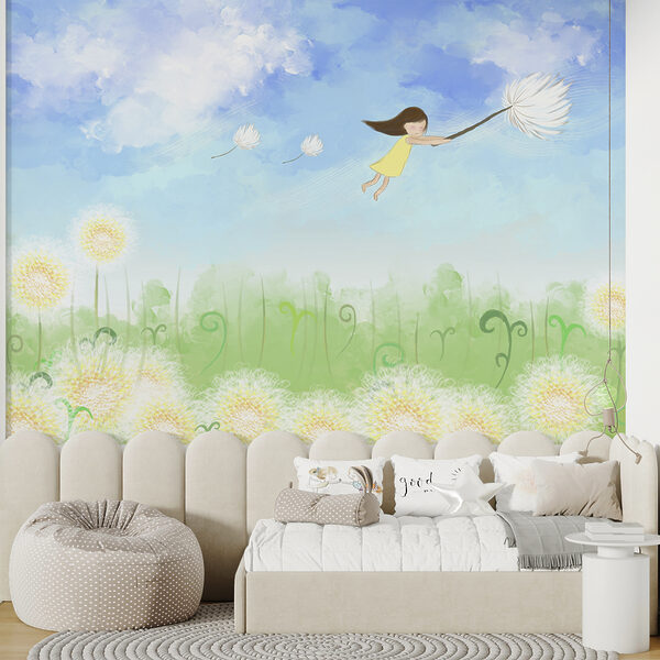 Girl flying with a dandelion seed Wall murals Girl flying with a dandelion seed