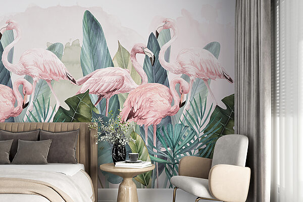Group of pink flamingos and leaves Wall murals Group of pink flamingos and leaves