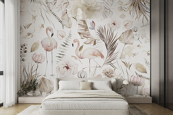 Wall murals Wall murals Flamingos dance amidst botanical dreams (SKU: w00507)