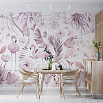 Wall mural Pastel flamingos among floral patterns