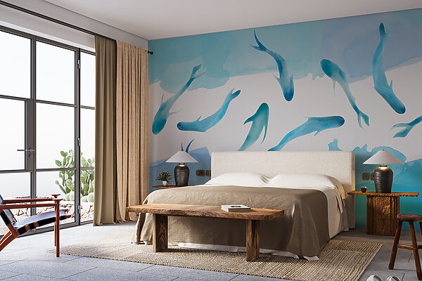 Group of blue fish swimming in water Wall murals Group of blue fish swimming in water