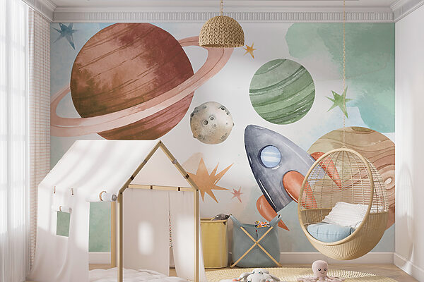 Rocket flying past colorful planets Wall murals Rocket flying past colorful planets