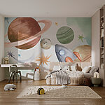 Wall mural Rocket flying past colorful planets