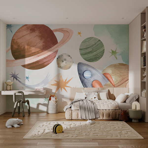 Rocket flying past colorful planets Wall mural Rocket flying past colorful planets