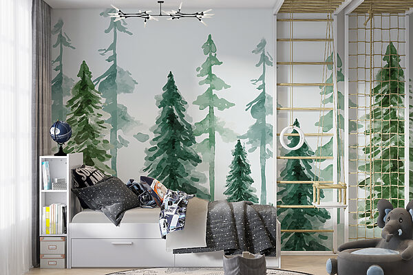 Evergreen forest in watercolor hues Wall murals Evergreen forest in watercolor hues