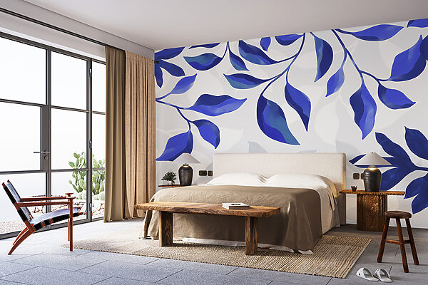 Blue leaves on a white background Wall murals Blue leaves on a white background