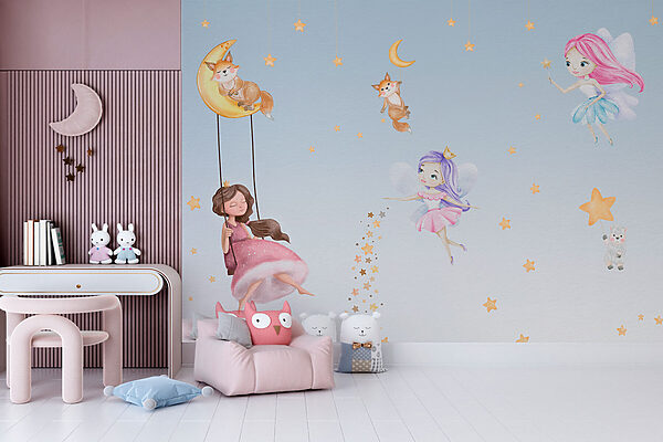 Girl in a pink dress on a swing Wall murals Girl in a pink dress on a swing