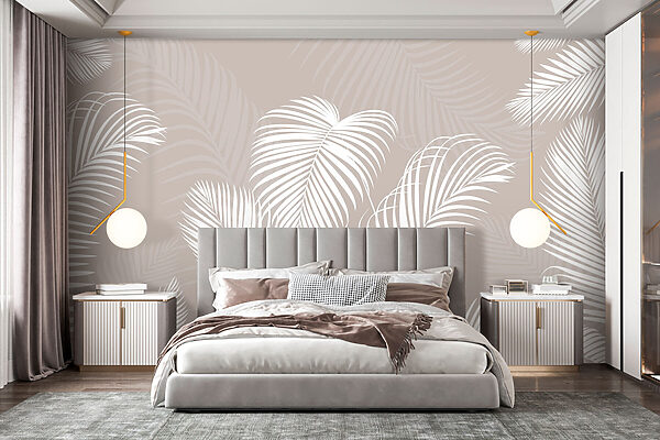 White palm leaves on beige background. Wall murals White palm leaves on beige background.