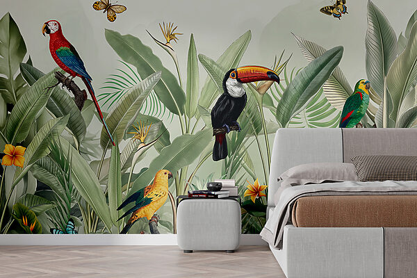 Vibrant birds in lush jungle scene Wall murals Vibrant birds in lush jungle scene