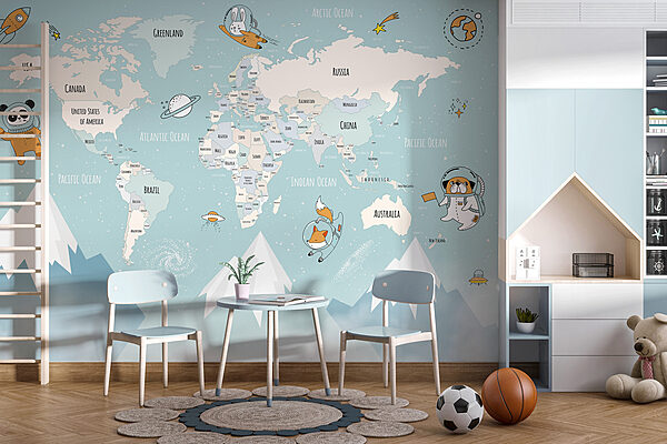 Map of the world with mountains and clouds Wall murals Map of the world with mountains and clouds