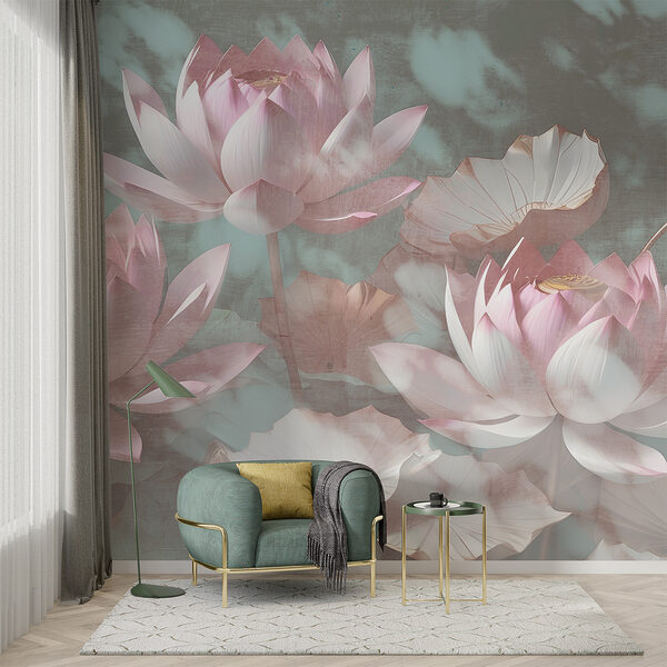 Pastel lotus blooms amidst leaves Wall murals Pastel lotus blooms amidst leaves