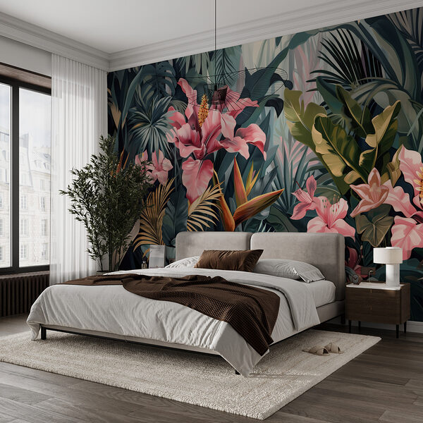 Lush jungle with vibrant pink flowers Wall murals Lush jungle with vibrant pink flowers