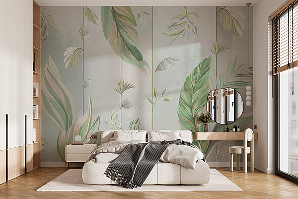 Wall mural Pastel leaves on elegant pattern