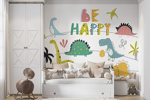 Cartoon dinosaur holding an egg Wall murals Cartoon dinosaur holding an egg