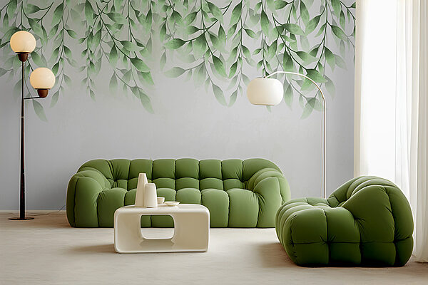 Green leaves on a white background Wall murals Green leaves on a white background