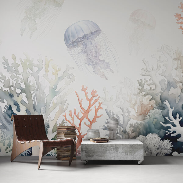 Jellyfish drifting over colorful corals Wall murals Jellyfish drifting over colorful corals