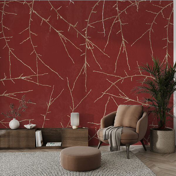 Pattern of branches on a red background Wall murals Pattern of branches on a red background
