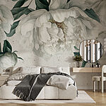 Wall murals White peonies with lush green leaves.