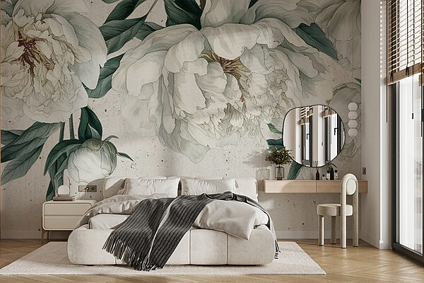 Wall murals White peonies with lush green leaves (SKU: w00837) Wall murals Wall murals White peonies with lush green leaves (SKU: w00837)