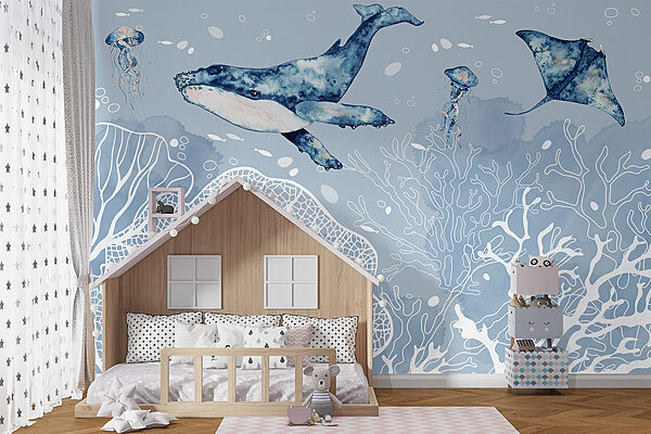 Whale glides through vibrant ocean scene Wall murals Whale glides through vibrant ocean scene
