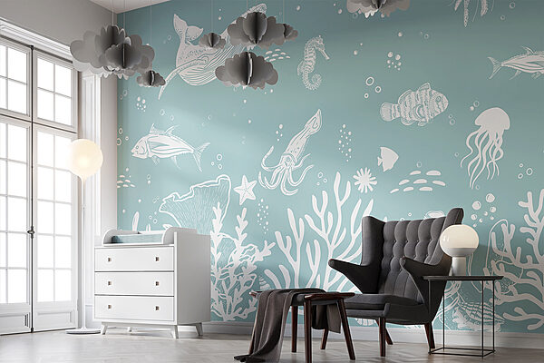 White fish on a blue background Wall murals White fish on a blue background