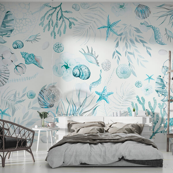 Seashells and foliage in soft blue Wall murals Seashells and foliage in soft blue