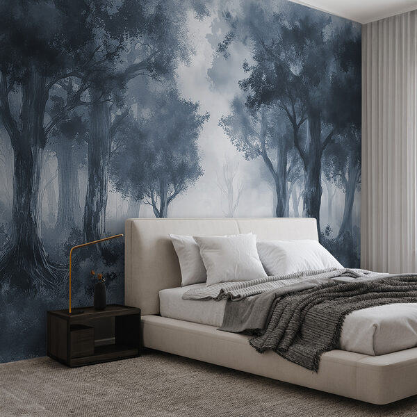 Group of trees in a foggy forest Wall murals Group of trees in a foggy forest