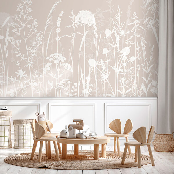 Wall mural White silhouettes of flowers