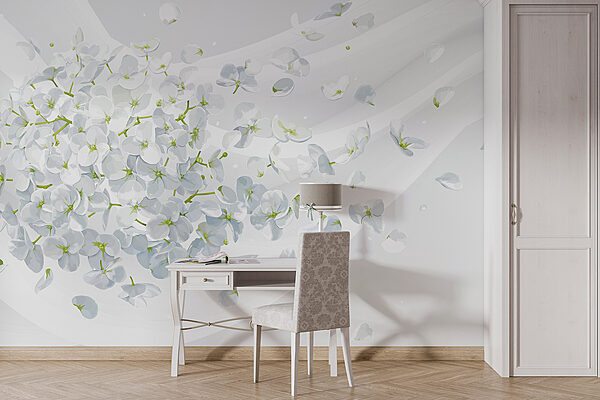 White flowers flying in the air Wall murals White flowers flying in the air