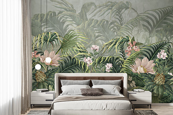 Wallpaper with flowers and leaves Wall murals Wallpaper with flowers and leaves