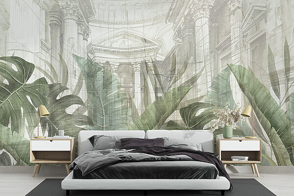 Painting of a building with a large leaf Wall murals Painting of a building with a large leaf