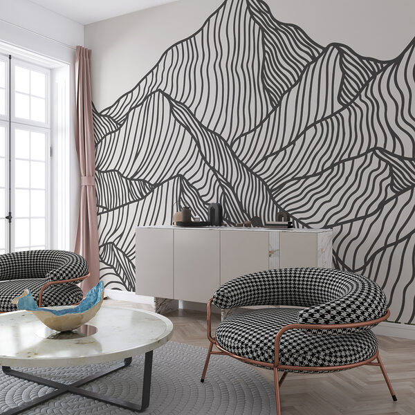 Wall mural Black and white drawing of a mountain range