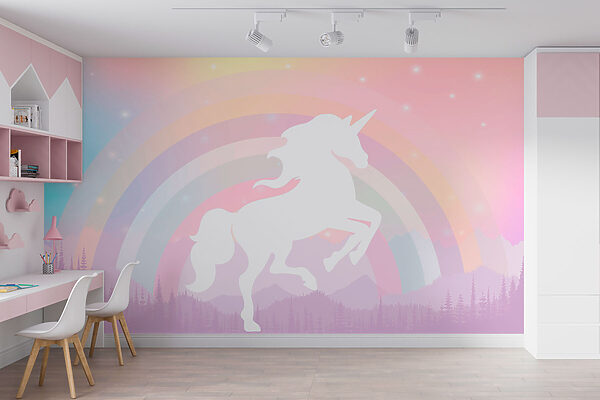 Unicorn with a rainbow and mountains Wall murals Unicorn with a rainbow and mountains