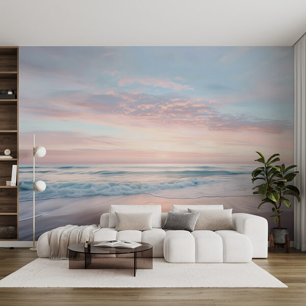 Wall mural Wall mural Beach with waves and a pink sky (SKU: w07935)