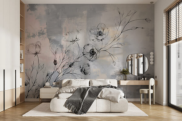Drawing of flowers on a grey background Wall murals Drawing of flowers on a grey background