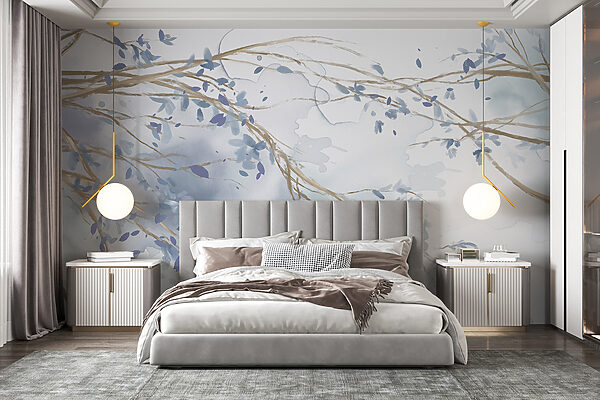 Watercolor of a tree branch with blue leaves Wall murals Watercolor of a tree branch with blue leaves