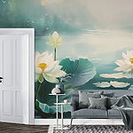 Wall murals Painting of white flowers and leaves on water
