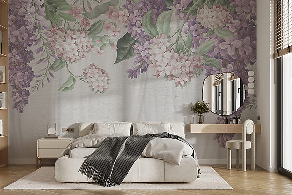 Blooms draped over soft, white curtain Wall murals Blooms draped over soft, white curtain