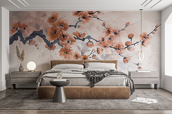 Painting of a branch with flowers Wall murals Painting of a branch with flowers