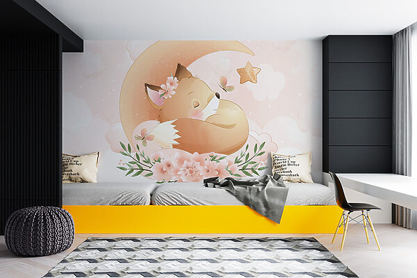 Cartoon of a fox sleeping on the moon Wall murals Cartoon of a fox sleeping on the moon