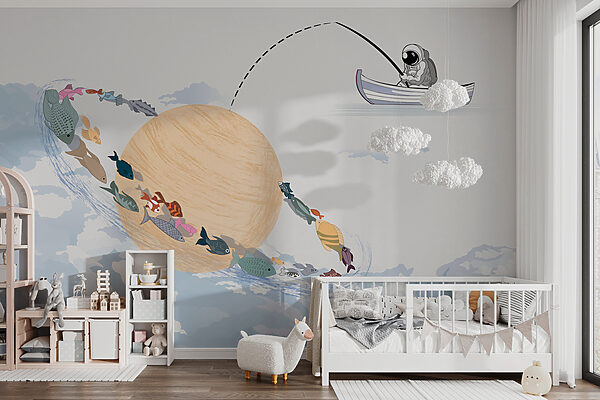 Cartoon of a planet with fish in it Wall murals Cartoon of a planet with fish in it