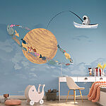 Wall murals Cartoon of a man fishing in a boat in the sky