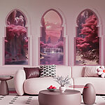 Wall murals Pink wall with arched windows and trees