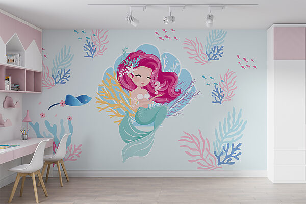 Cartoon mermaid with pink hair and a seahorse Wall murals Cartoon mermaid with pink hair and a seahorse