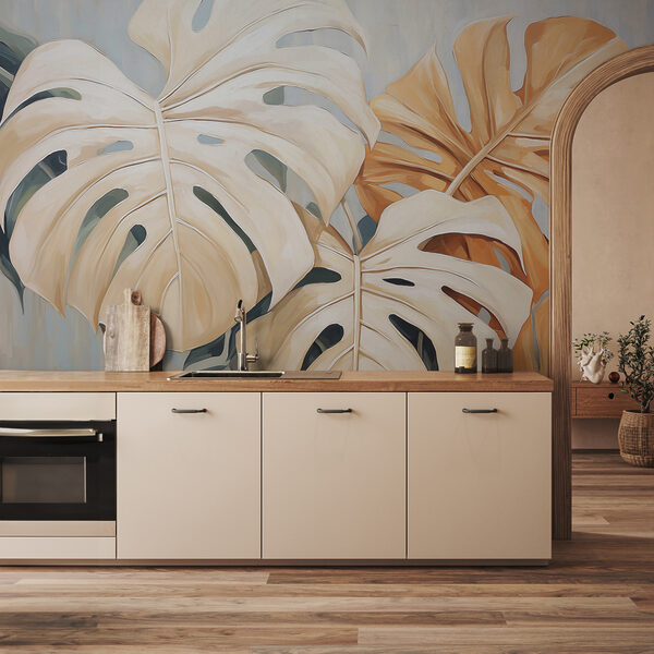 Monstera leaves in graceful brush strokes Wall murals Monstera leaves in graceful brush strokes