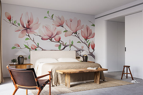Wall murals Branch with pink flowers and leaves (SKU: w08131) Wall murals Wall murals Branch with pink flowers and leaves (SKU: w08131)